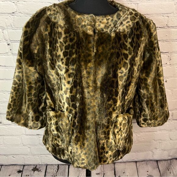 Guess Faux Fur Browns Leopard Print Lined Cropped‎ 3/4 Sleeve Jacket Size Large - Picture 2 of 10